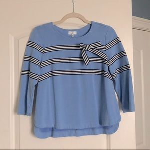 Crown & Ivy Bow Blue Top Blouse Stripes Small Petite PS Quarter Sleeve
